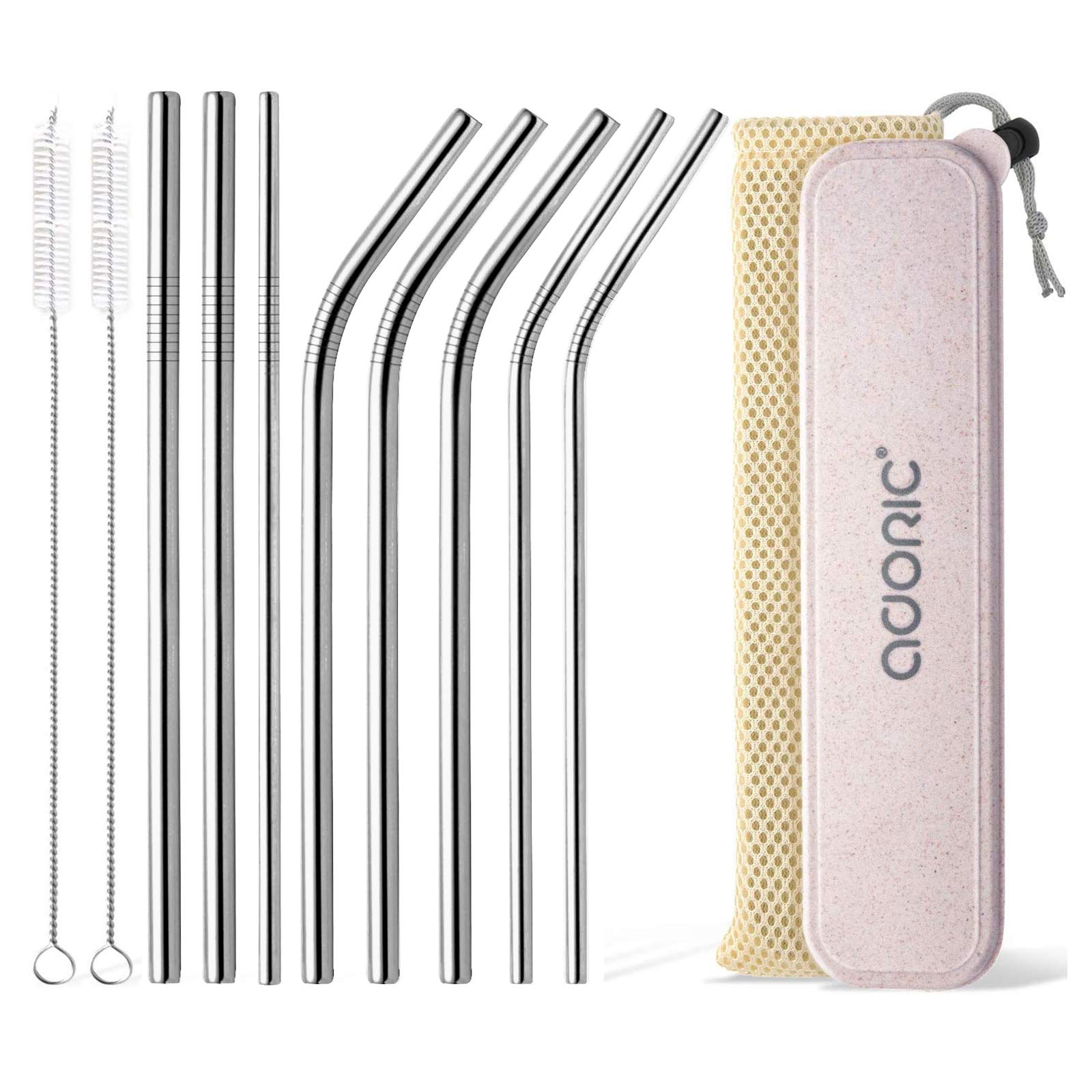 Reusable Straws with Case, Metal Straw Reusable Straws Drinking Straws Portable Eco Friendly Straight and Curved Stainless Steel Straws 8 Set with 2 Straw Cleaner