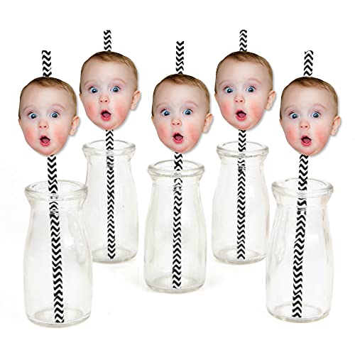 Big Dot of Happiness Fun Face Cutout Paper Straw Decor - Custom Photo Head Cut Out Striped Decorative Straws - Upload 1 Photo - Set of 24