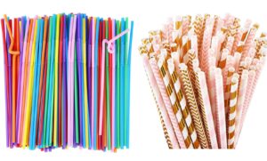 alink 200 colorful flexible straws + 100 gold pink paper straws