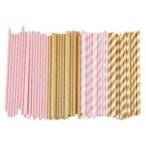 ALINK 200 Colorful Flexible Straws + 100 Gold Pink Paper Straws