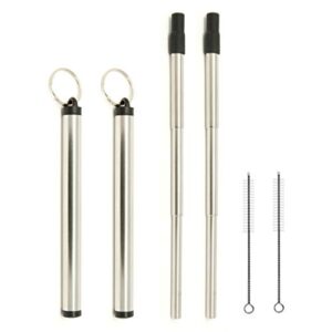 suck it select 2 pack collapsible telescopic reusable stainless steel metal straws with silicone tips and travel cases (black stripe)