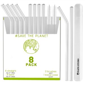 happi studio 8-pack glass straws with travel case - 8"x10mm reusable straws with 2 cleaning brushes - clear glass straws shatter resistant - glass straws drinking reusable smoothie straw, coffee straw