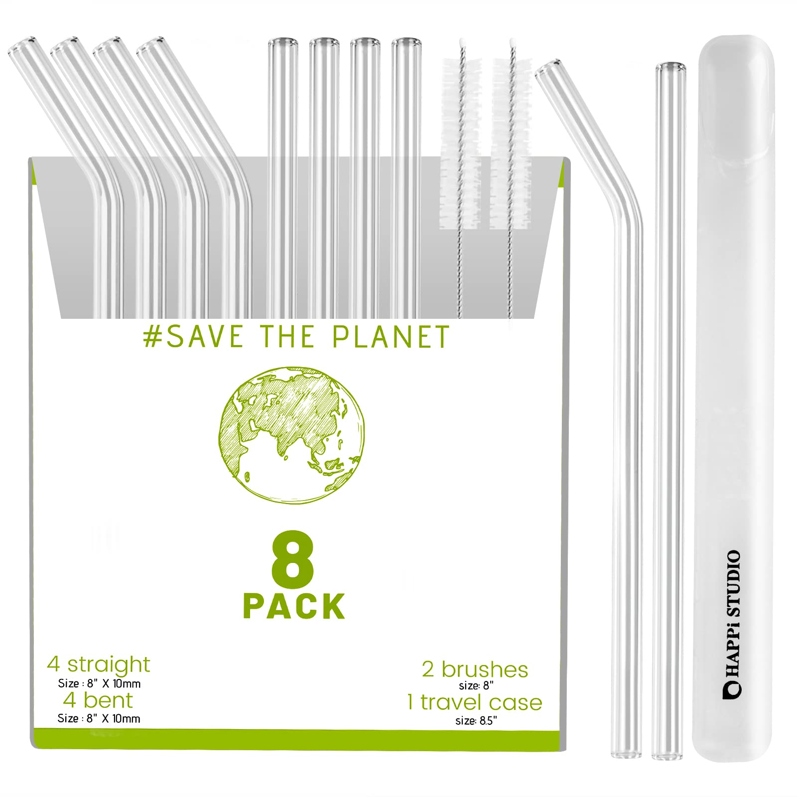 HAPPi STUDIO 8-Pack Glass Straws with Travel Case - 8"x10mm Reusable Straws with 2 Cleaning Brushes - Clear Glass Straws Shatter Resistant - Glass straws Drinking Reusable Smoothie Straw, Coffee Straw