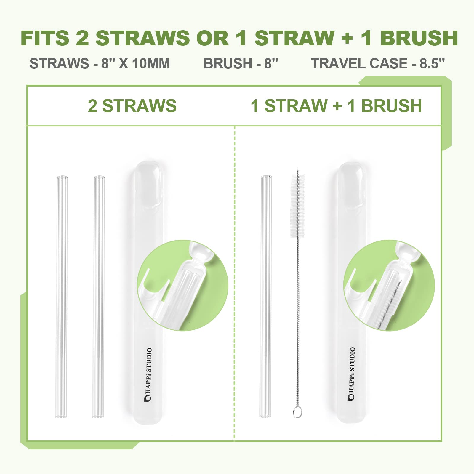 HAPPi STUDIO 8-Pack Glass Straws with Travel Case - 8"x10mm Reusable Straws with 2 Cleaning Brushes - Clear Glass Straws Shatter Resistant - Glass straws Drinking Reusable Smoothie Straw, Coffee Straw