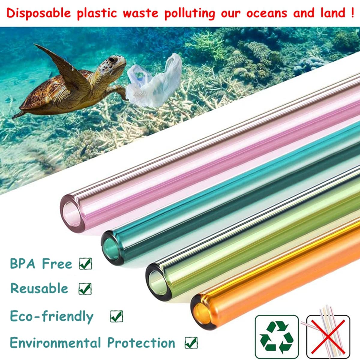 8 Pcs Reusable Glass Straws, 8"x8mm Eco-friendly Drinking Straws for Smoothie, Milkshakes, Tea, Juice, Cocktail Straws, Multi-Color Mixed (8Pcs Bent)