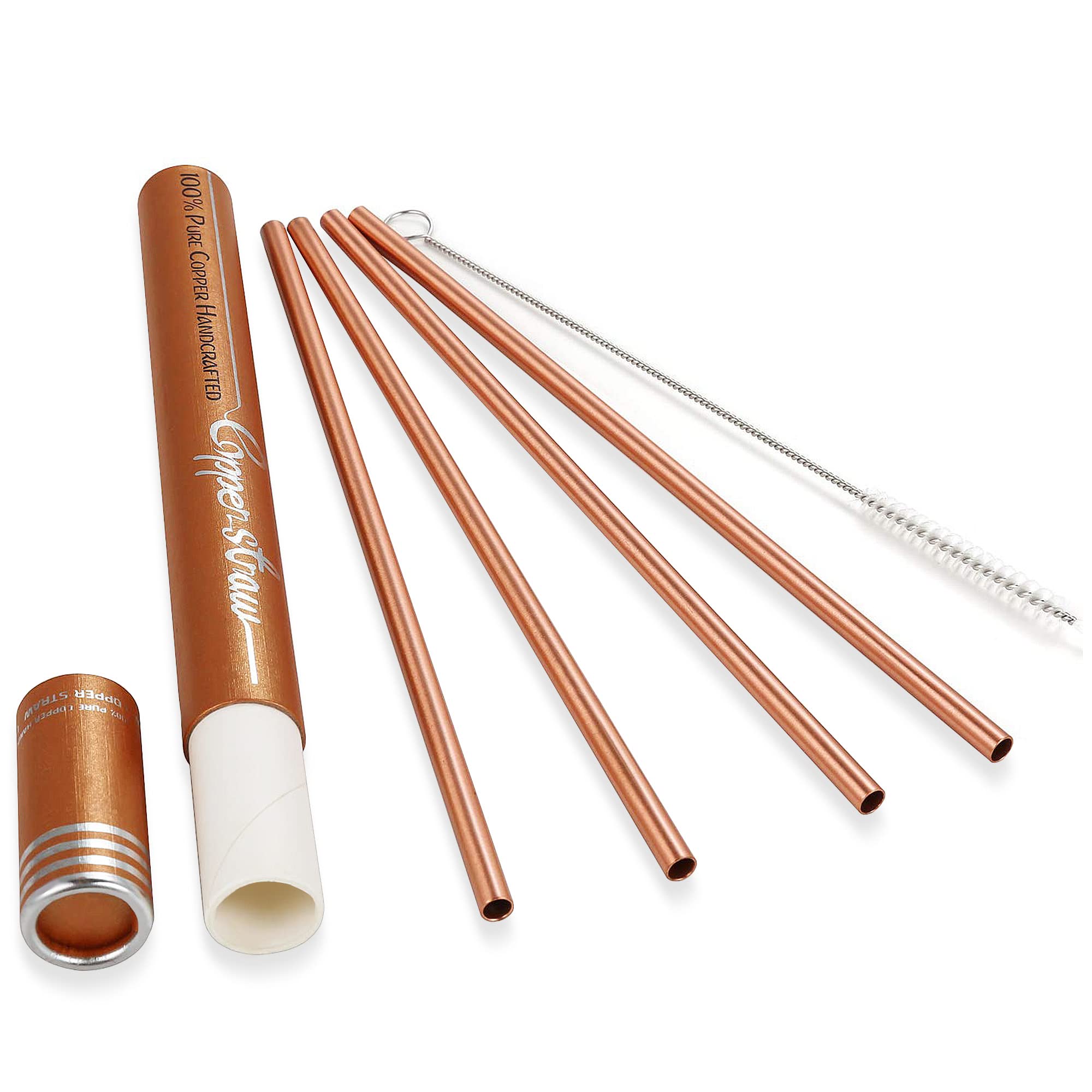 Copper Drinking Straws Gift Set- 8.5 inch Long Authentic Handcrafts Copper Straws with Cleaning Brush for Moscow Mule Mug (Set of 4)