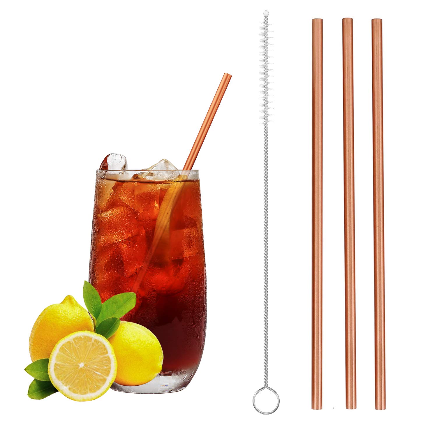 Copper Drinking Straws Gift Set- 8.5 inch Long Authentic Handcrafts Copper Straws with Cleaning Brush for Moscow Mule Mug (Set of 4)