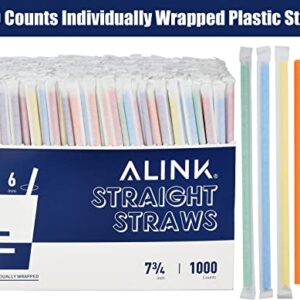 ALINK 1000 Count Assorted Colored Plastic Disposable Drinking Straws, Individually Wrapped Straight Party Straws - 7.75" x 0.23"