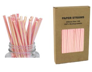 iridescent pink paper drinking straws - box of 100 biodegradable pearl foil straws for milk, juice, swizzle sticks for treat display party decor