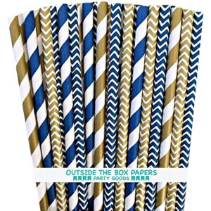 outside the box papers navy blue and gold chevron and stripe paper straws 7.75 inches 100 pack navy blue, gold, white
