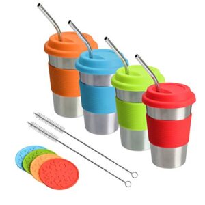easily life stainless steel cups with lids and straws, 16 oz drinking tumbler with silicone sleeves for adults, unbreakable metal (4 pack)