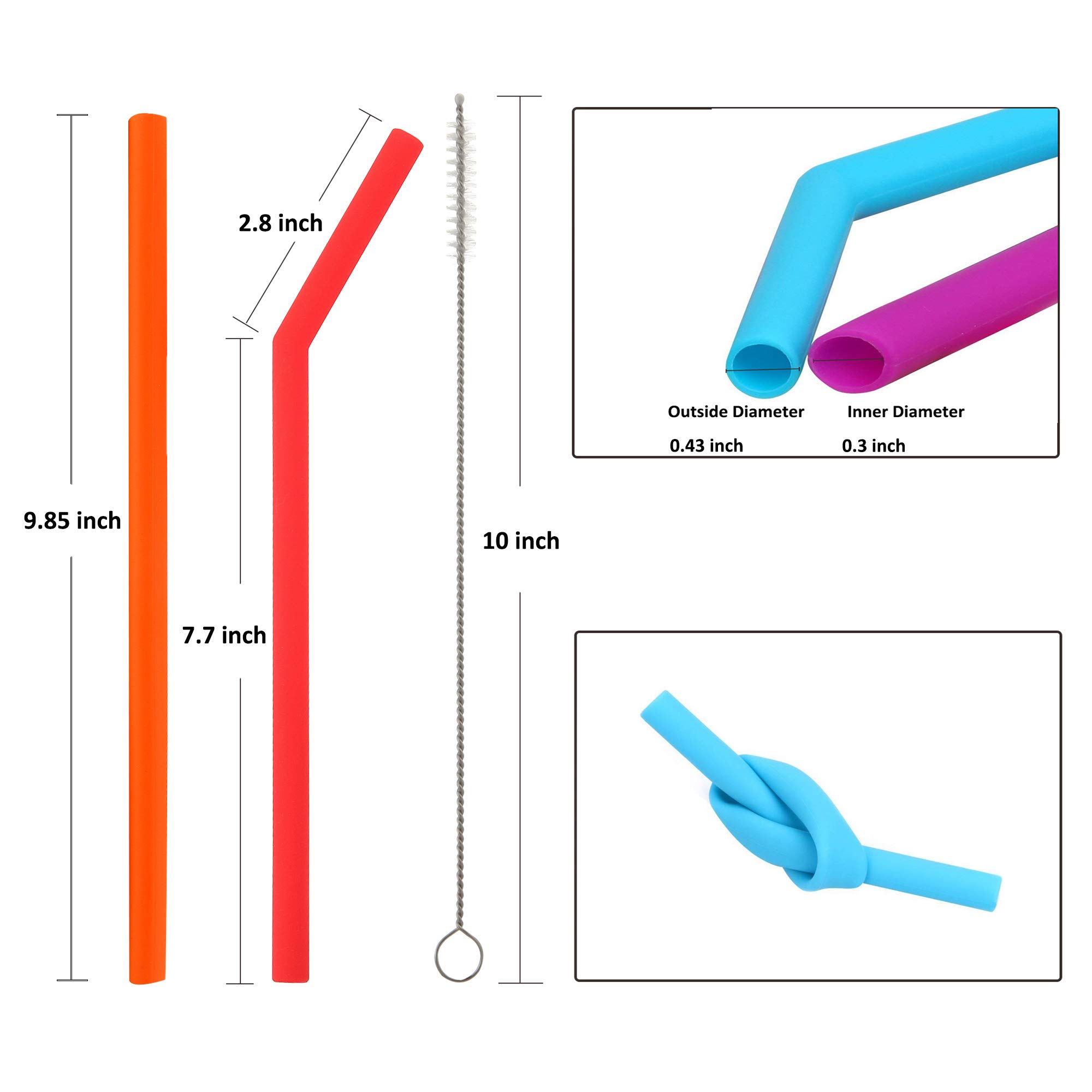 Reusable Silicone Straws for 20&30 oz Tumblers - 12 Pieces Long Bent&Straight Collapsible Smoothies Drinking Straws with 2 Cleaning Brushes - BPA free, Eco-friendly