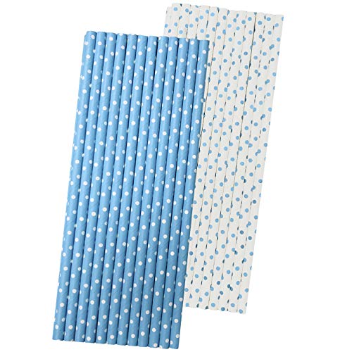 Light Blue and White Paper Straws - Polka Dot - 7.75 Inches - 50 Pack