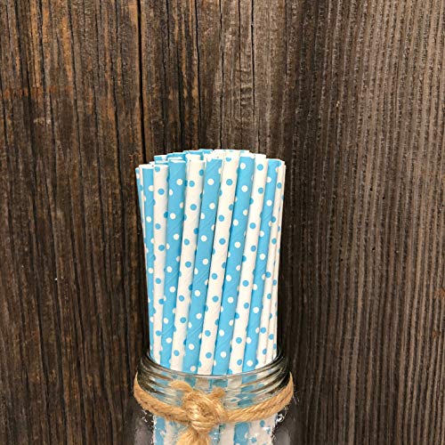 Light Blue and White Paper Straws - Polka Dot - 7.75 Inches - 50 Pack