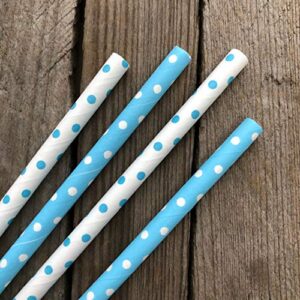 Light Blue and White Paper Straws - Polka Dot - 7.75 Inches - 50 Pack