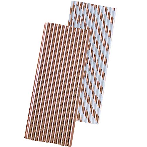 Rose Gold Solid and Stripe Foil Paper Straws - 7.75 Inches - 50 Pack - Outside the Box Papers Brand