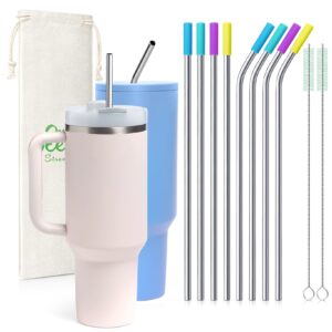 8 piece 1/4 inch (6mm) wide stainless steel straws for 40 oz tumbler with handle, 12 inch long reusable metal drinking straws, replacement straws with silicone tips & cleaning brush, silver