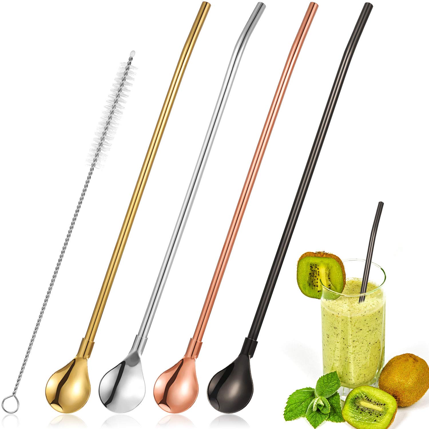 4 Pieces Spoon Straws Stainless Steel Drinking Spoon Straws Reusable Metal Cocktail Spoons Straws with Long Cleaning Brush