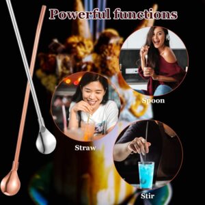 4 Pieces Spoon Straws Stainless Steel Drinking Spoon Straws Reusable Metal Cocktail Spoons Straws with Long Cleaning Brush