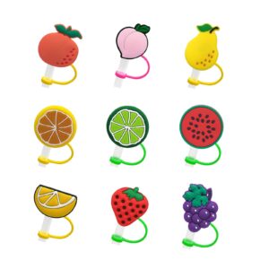 straw cover, 9pcs silicone straw topper, cute silicone reusable drinking straw caps lids, soft silicone straw plugs for 7-8 mm straws(fruit straw cap)