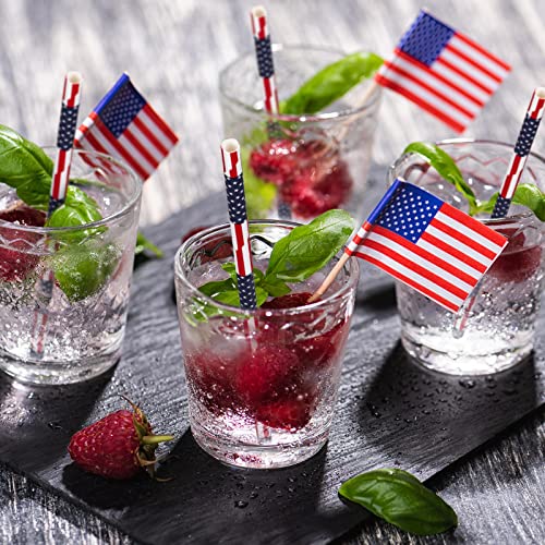 AnyDesign 200Pcs Independence Day Straws American Flag Theme Paper Straws Red Blue White Star Biodegradable Straws for 4th of July Memorial Day USA Themed Party Celebrations Super Bowl Patriotic Party