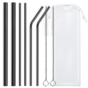 kometer 8 pcs reusable straws with cleaning brush, 8.5" stainless steel suitable for glasses, drinks, cocktails (black)