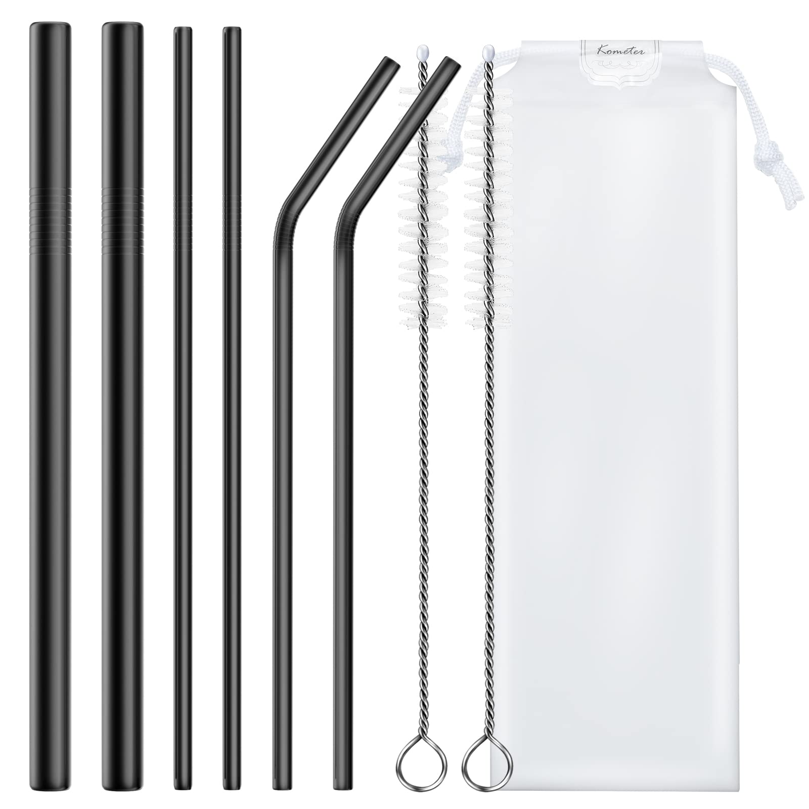 kometer 8 Pcs Reusable Straws With cleaning brush, 8.5" Stainless Steel suitable for glasses, drinks, cocktails (black)