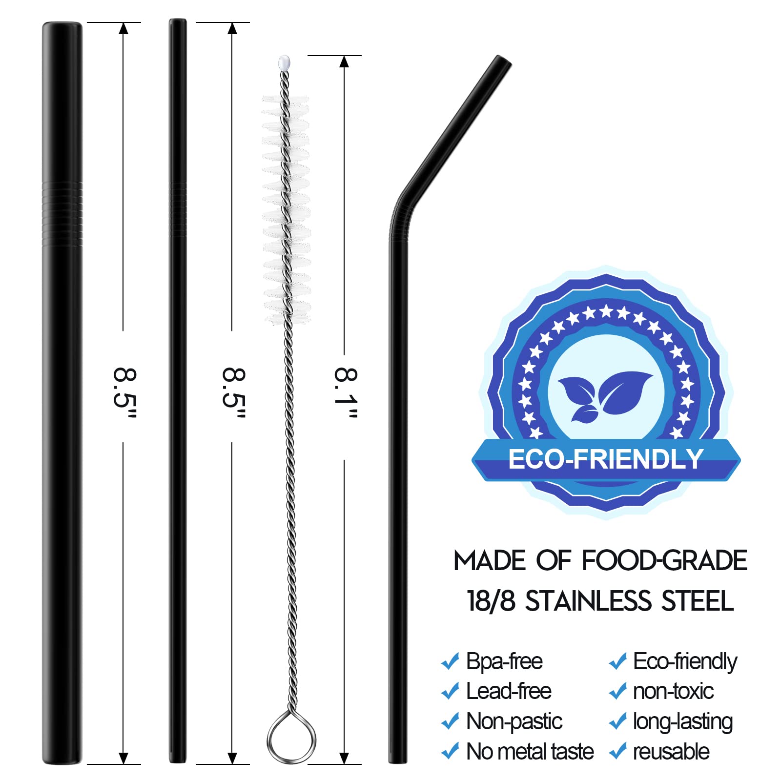 kometer 8 Pcs Reusable Straws With cleaning brush, 8.5" Stainless Steel suitable for glasses, drinks, cocktails (black)