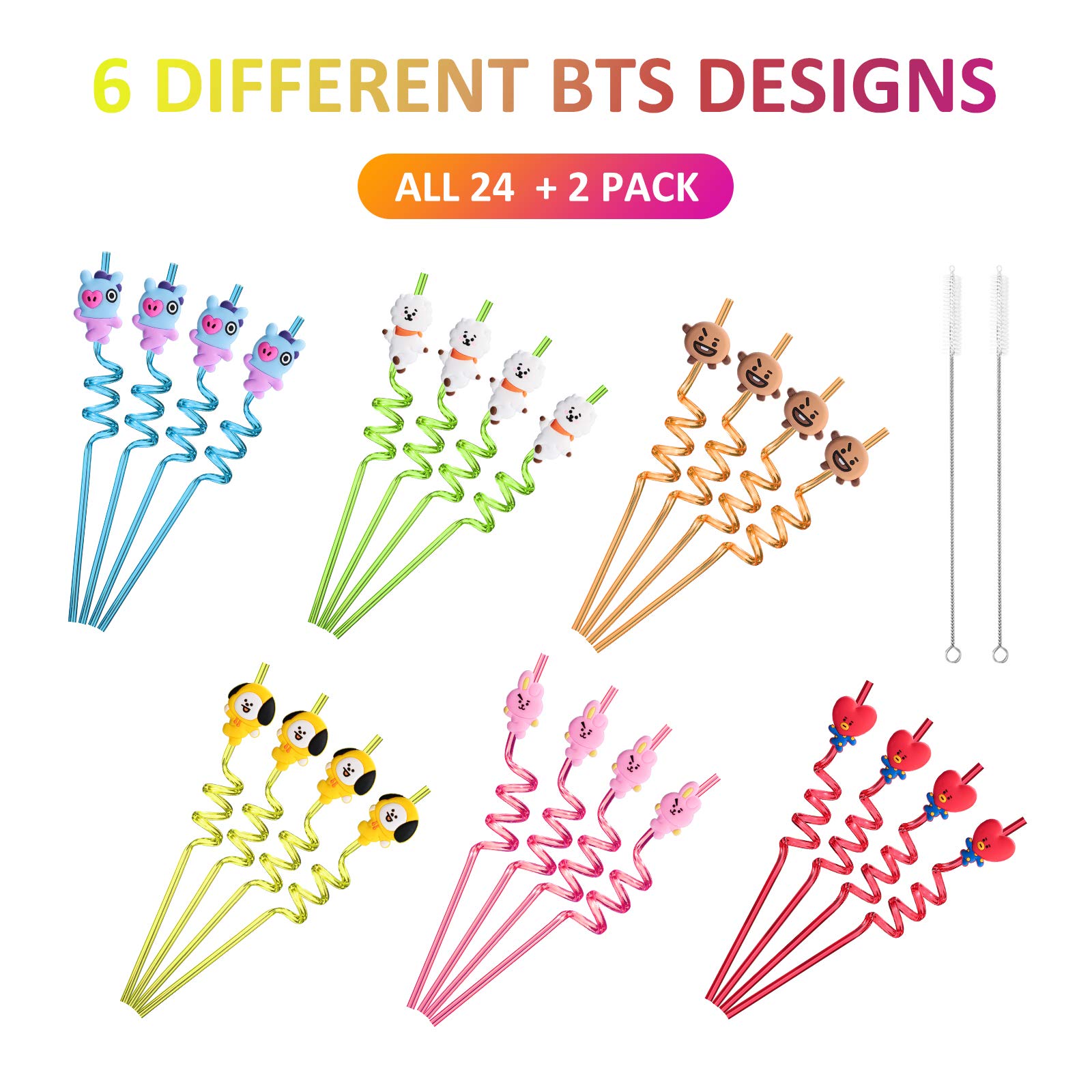 24 BTS Straws with 2 Cleaning Brush 6 Designs Great for Birthday as Party Favors and Party Supplies