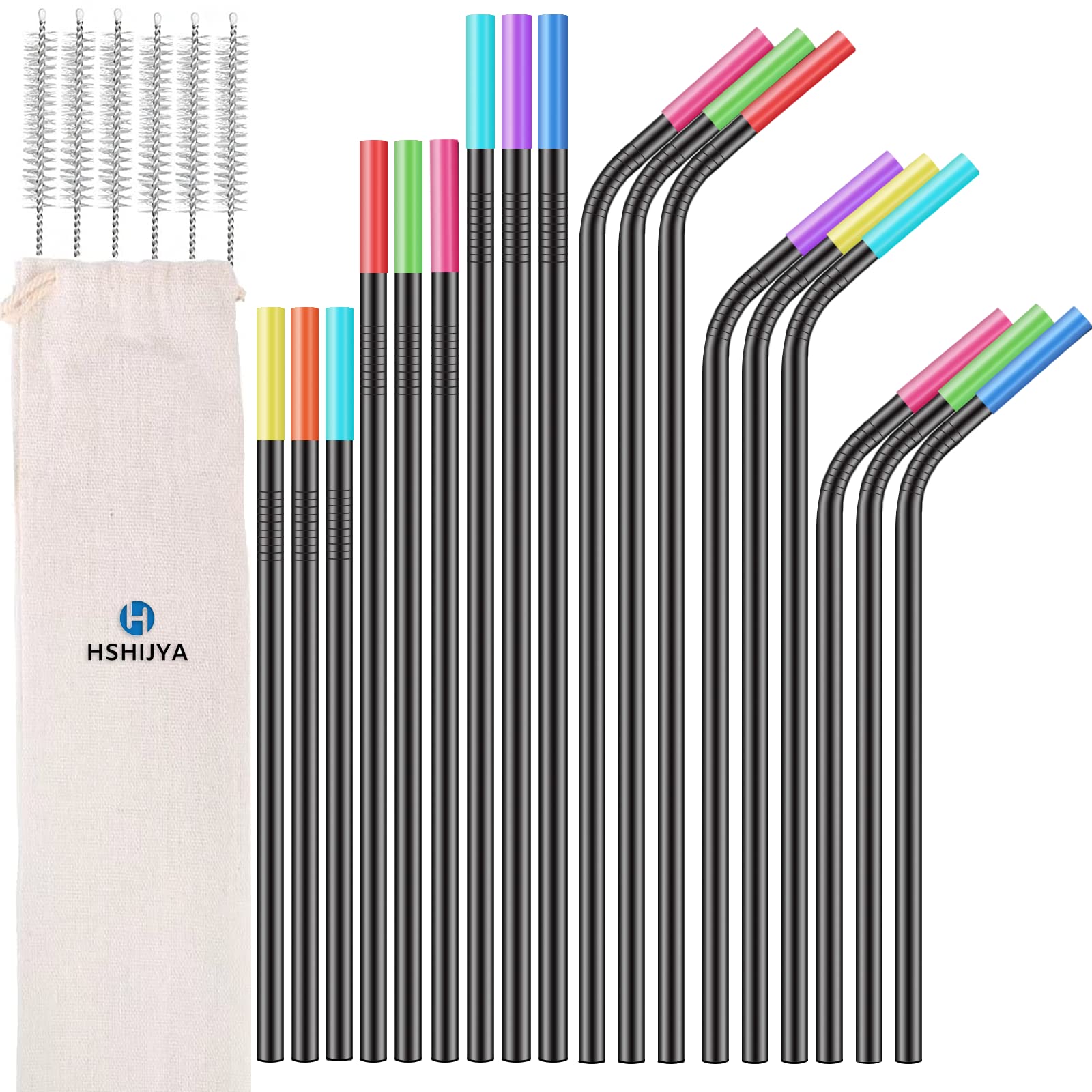 HSHIJYA 18 Pack Reusable Stainless Steel Straws with Silicone Tips Travel Case Cleaning Brush Dishwasher Safe Extra Long Stainless Steel Straws Drinking for 20 25 30 oz Tumbler