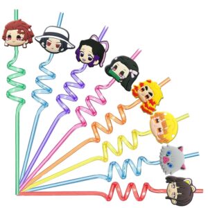 24 demon slayer reusable drinking straws, anime themed party favors birthday decorations for kids girls boys