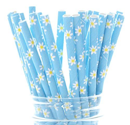 Blue Daisies Flower Straws (25 Pack) - Summer Daisy Flowers Party Supplies, Blue Floral Wedding Straws