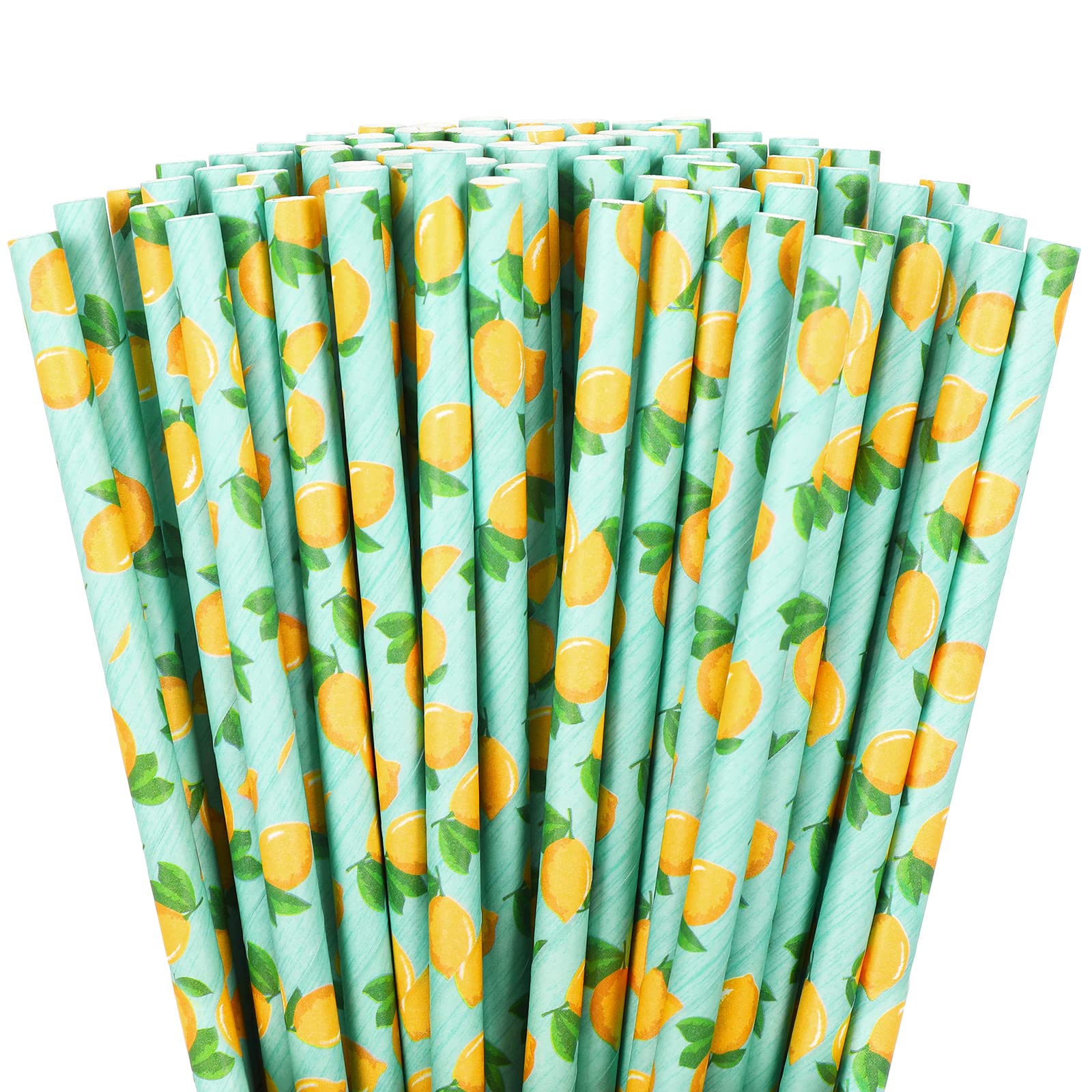 Whaline 200Pcs Summer Drinking Paper Straws Watercolor Lemon Disposable Paper Straws Lemon Party Decorative Straws for Summer Birthday Baby Shower Supplies Juices Shakes Cocktail Decoration