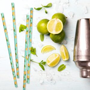 Whaline 200Pcs Summer Drinking Paper Straws Watercolor Lemon Disposable Paper Straws Lemon Party Decorative Straws for Summer Birthday Baby Shower Supplies Juices Shakes Cocktail Decoration