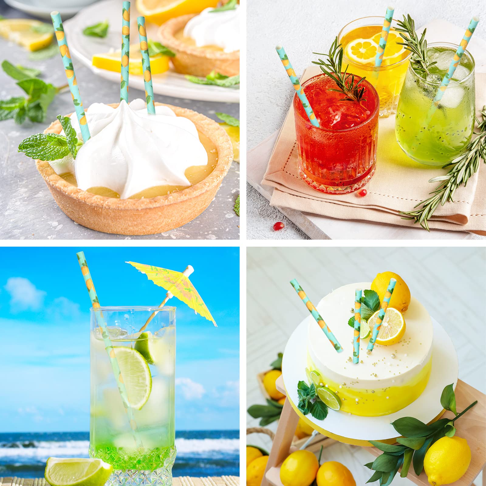 Whaline 200Pcs Summer Drinking Paper Straws Watercolor Lemon Disposable Paper Straws Lemon Party Decorative Straws for Summer Birthday Baby Shower Supplies Juices Shakes Cocktail Decoration