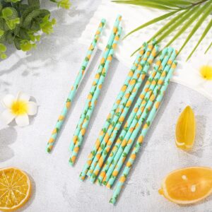 Whaline 200Pcs Summer Drinking Paper Straws Watercolor Lemon Disposable Paper Straws Lemon Party Decorative Straws for Summer Birthday Baby Shower Supplies Juices Shakes Cocktail Decoration