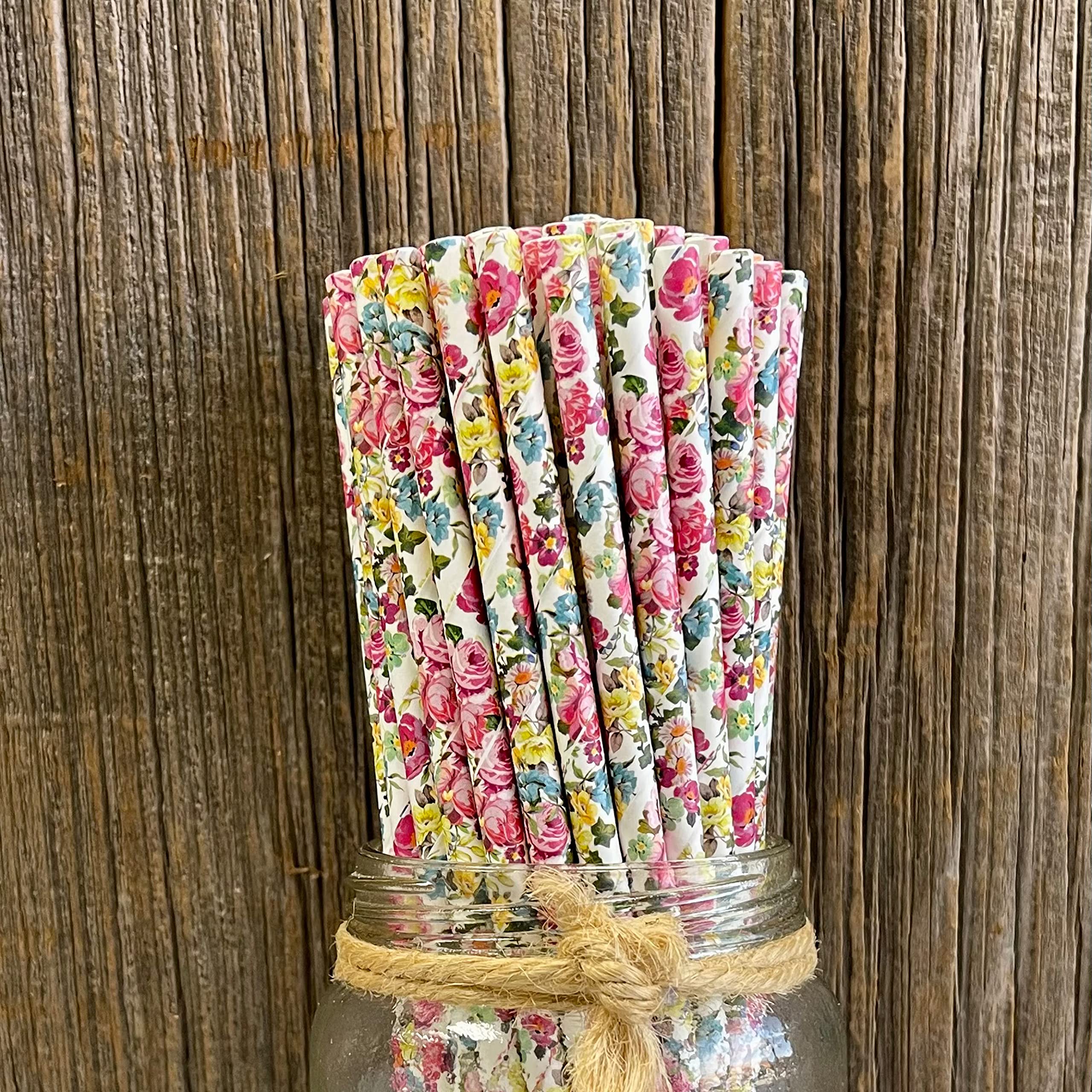 Rose Floral Paper Straws - Valentine Wedding Bridal Shower Birthday Valentine Party - Pink Yellow White - 7.75 inches - 50 Pack - Outside The Box Papers Brand