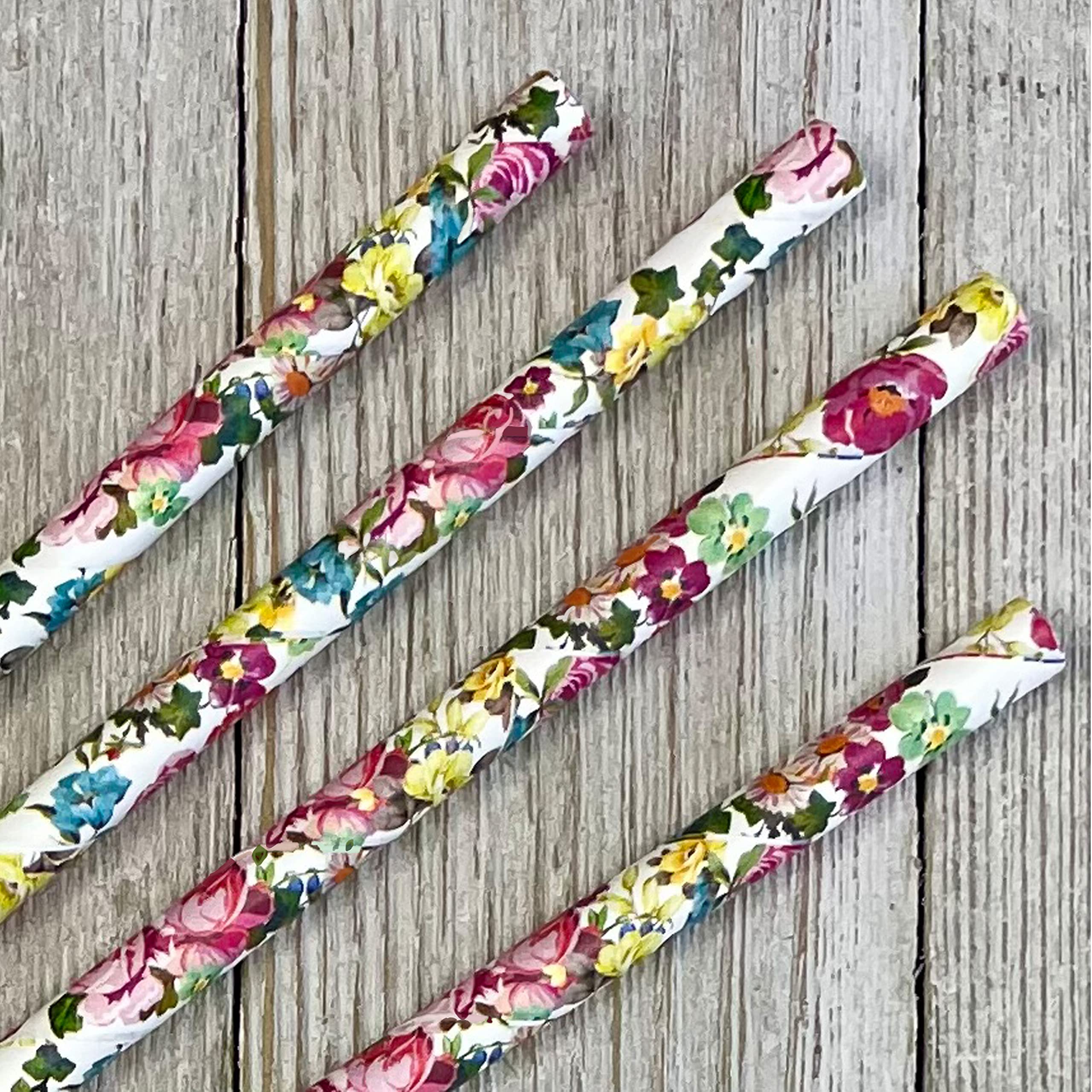 Rose Floral Paper Straws - Valentine Wedding Bridal Shower Birthday Valentine Party - Pink Yellow White - 7.75 inches - 50 Pack - Outside The Box Papers Brand