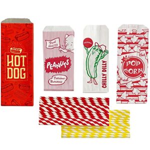 outside the box papers ultimate carnival party pack - 24 foil hot dog bags 24 printed pickle bags , 24 peanut bags ,24 popcorn bags and 25 each of red and yellow paper straw