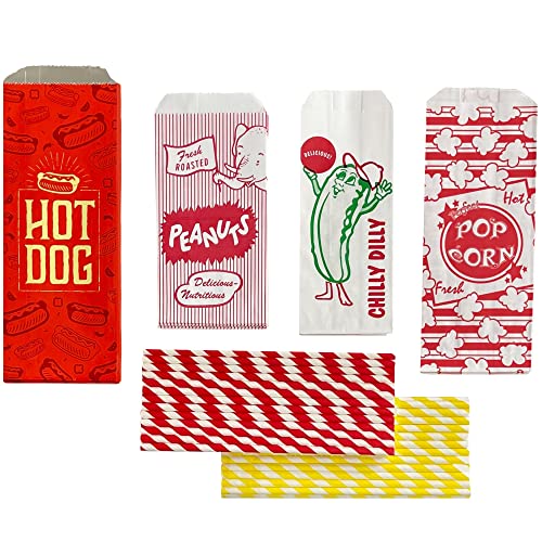 Outside the Box Papers Ultimate Carnival Party Pack - 24 Foil Hot Dog Bags 24 Printed Pickle Bags , 24 Peanut Bags ,24 Popcorn Bags and 25 Each of Red and Yellow Paper Straw