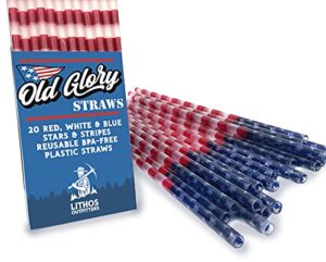 lithos outfitters, old glory straws 20-pack red white blue american flag reusable bpa-free plastic drinking straws
