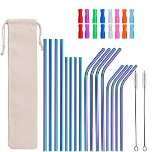 16-pack reusable 18/10 stainless steel metal straws with silicone tips & cleaning brush, suotarn long drinking straws for 20 24 30 oz coffee tumbler travel mug cup, dishwasher safe, rainbow