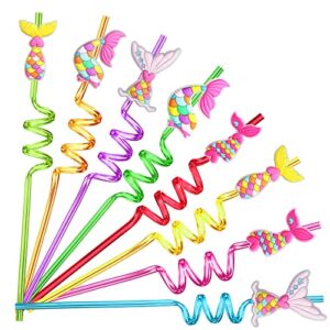 24 rainbow mermaid party favors mermaid tail drinking straws for mermaid birthday party supplies with 2 pcs straws cleaning brush