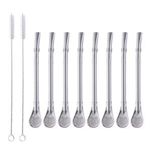 3in1 metal straw spoons for drinks, baikai 18/8 stainless steel reusable tea filter stirring drinking straws,set of 10, 6.2 inch (8 straws+ 2 brushes) (silver)