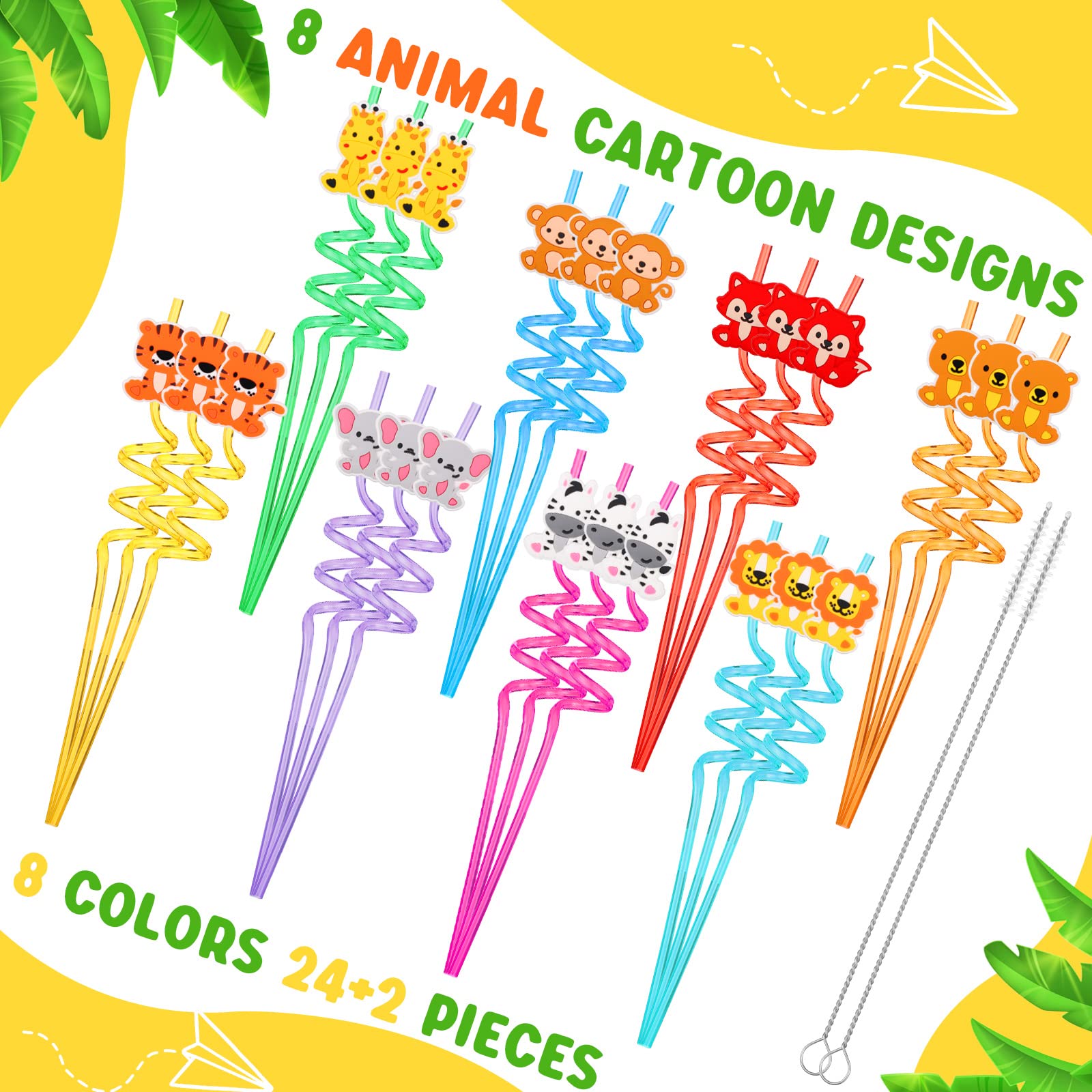 24 Pieces Jungle Animal Plastic Straws Reusable Drinking Straws Jungle Safari Straws Woodland Party Favor Kids Cute Straws with 2 Cleaning Brushes for Baby Shower Birthday Party Supplies, 8 Styles