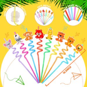 24 Pieces Jungle Animal Plastic Straws Reusable Drinking Straws Jungle Safari Straws Woodland Party Favor Kids Cute Straws with 2 Cleaning Brushes for Baby Shower Birthday Party Supplies, 8 Styles