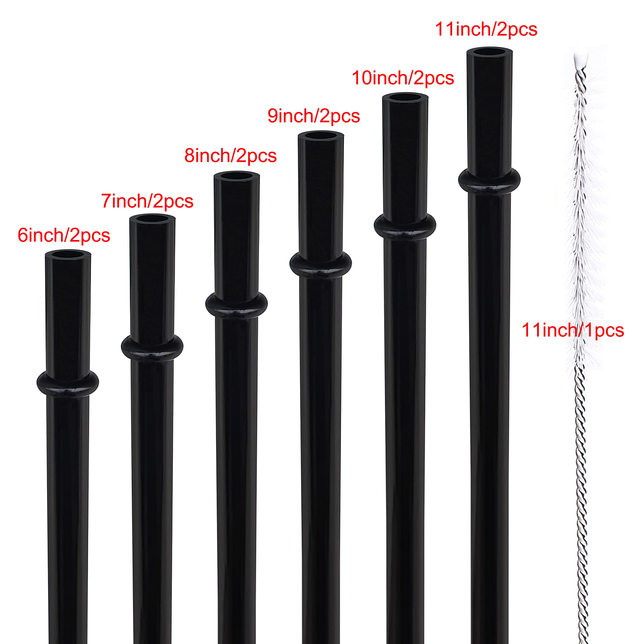 DAKOUFISH 6 Inch 7 Inch 8 Inch 9 Inch 10 Inch 11 Inch Black Reusable Plastic Drinking Straws for 6oz-40oz Jars/Tumblers,Dishwasher safe,12Pcs With One Cleaning Brush (Black straws,Mix size)