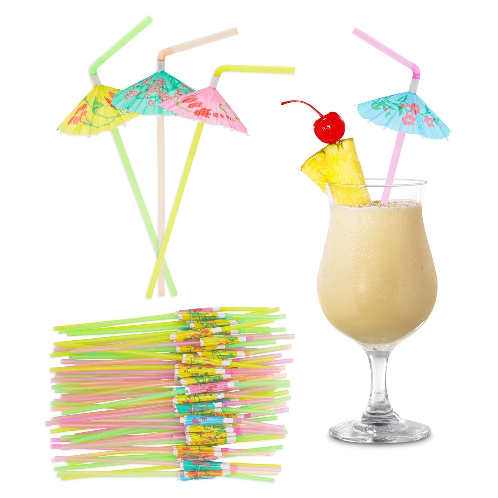 150 Pack Tropical Umbrella Straws for Cocktail, Drinks, Hawaiian Luau Beach Summer Party Supplies