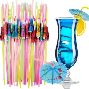 100 Pcs Cocktail Umbrella Drink Straws, 9.5 Inch Colored Bendable Straws, Cocktail Straws for Drinks, Fun Mini Paper Umbrella for Hawaiian Beach Party Decorations