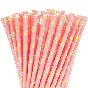 whaline 100pcs daisy flower drinking straws pink flowers disposable paper straws groovy floral decorative straws for spring birthday baby shower party supplies juices shakes cocktail decoration